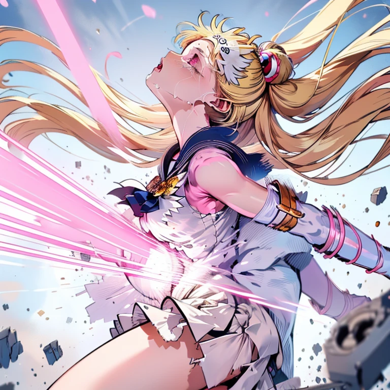 from side, solo, exposed white underwear, (torn clothes:1.2), nipples, tottering, eternal sailor moon, big breasts, cute Face, blonde hair, opened eyes, rolling eyes, scared, (sobbing:1.2) :o, look another, moaning, headback BREAK beam,damaged,destruction,pink beam,shattered pink beam, injury, damaged, dirty