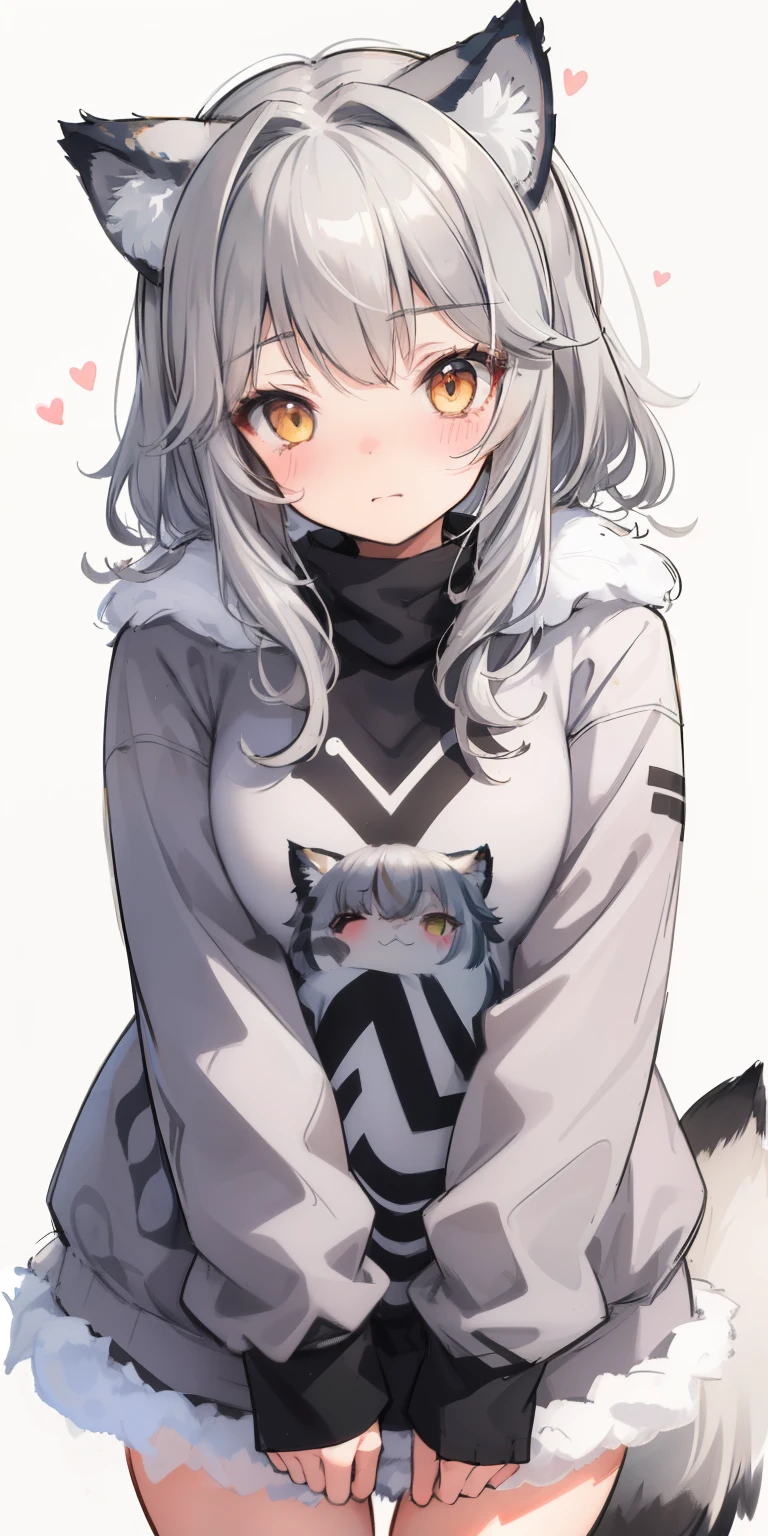 (sketch drawing), (old art style), (1girl), (blushing cheeks), (pallas's cat ears), (gray hair), (thick fluffy hair), (medium hair), (thick gray fur pallas's cat coat) , ((cold)), (long sleeves)