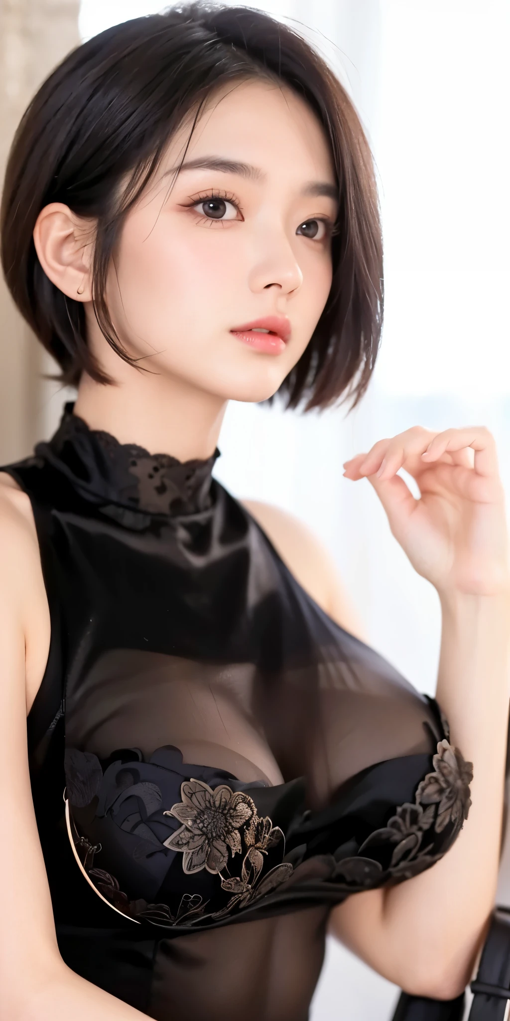 1girl, black hair, black eyes, high quality, ultra detailed, masterpiece, realistic, clothes