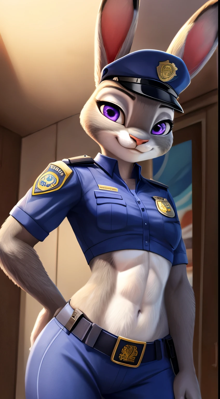 Uploaded to E621 , portrait, flat abs, small hips, small breasts, small butt, judy hopps, Furry Fantasy Art, Anthro Art, Furry Art, POV furry Art, masterpiece 1.21, best quality, detailed image, bright colors, detailed face, perfect lighting, perfect shadows, perfect purple eyes, female focus, flawless face, gorgeous body, shiny body, center focus, full body, detailed fur, balanced coloring, global illumination, wearing a sexy police uniform, seductive look,  eyes half closed, at a police station, three-quarter view