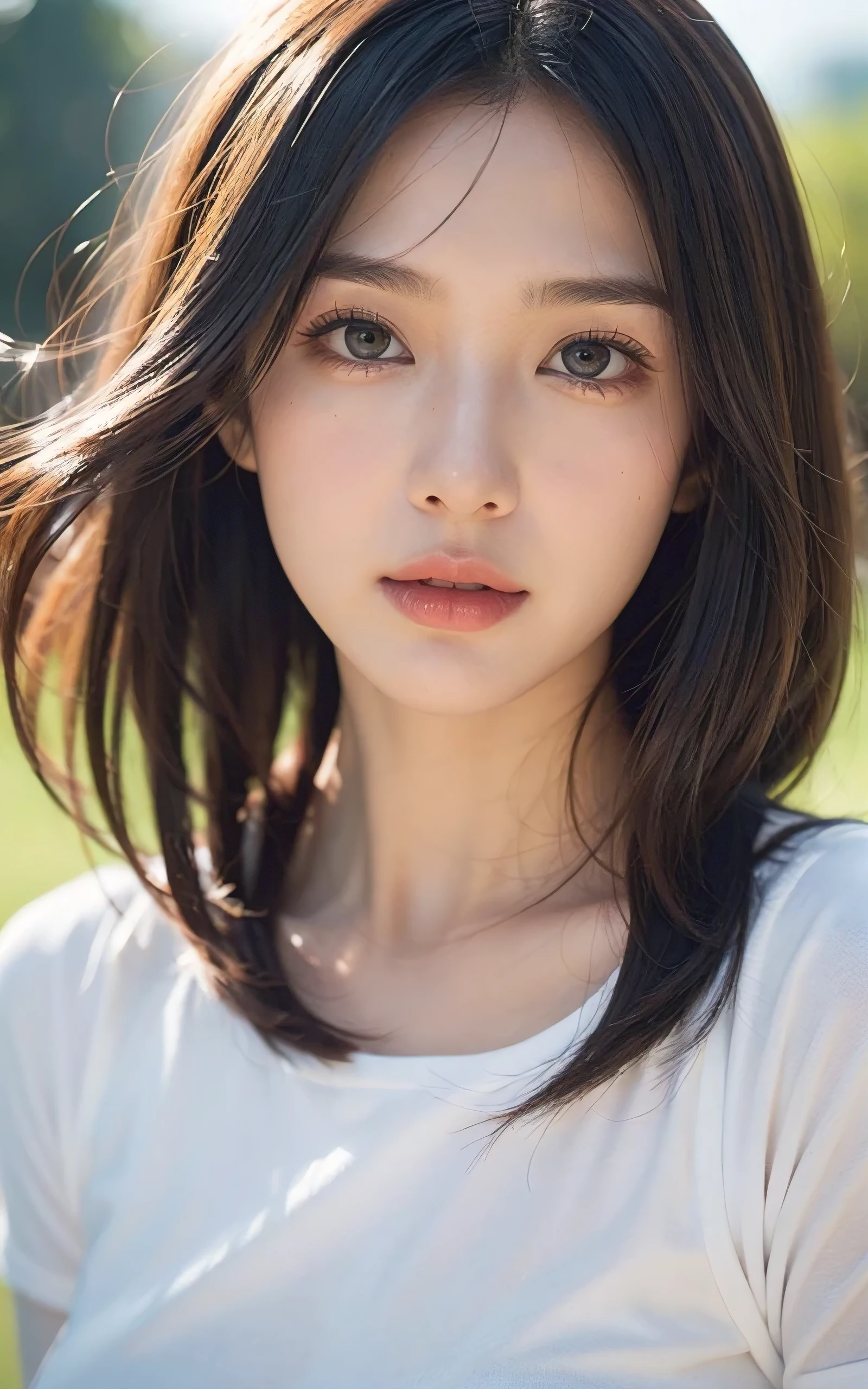 upperbody shot、front-facing view、a Japanese young pretty woman、Gentle face、hyper cute face、shiny lips、Double eyelids in both eyes、Natural makeup, long eyelashes are bright, Bob Hair Tweeny Smooth Light Brown Hair、Hair swaying in the wind, asymmetrical bangs、Headframe、image in center、8K、high detailing、detailed hairstyle、A detailed face、spectacular movie lighting、octane renderings、with a vibrant、Ultra-realistic、Perfect limbs、perfect anatomia