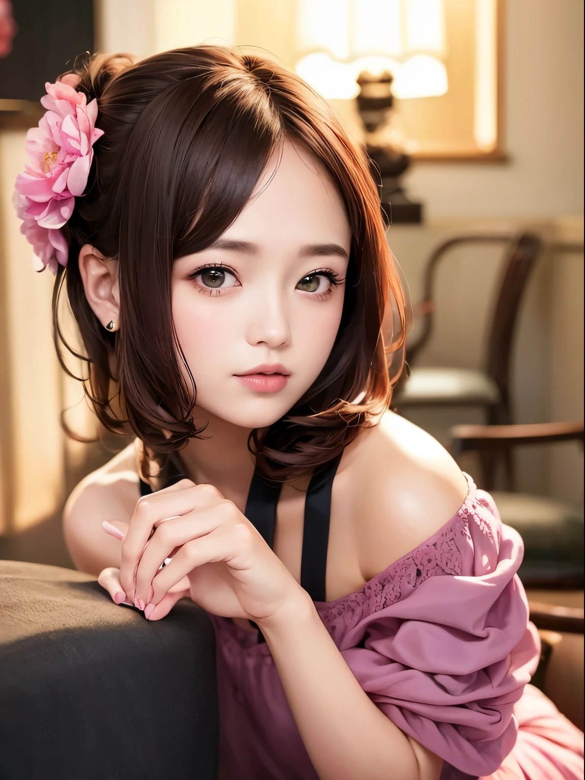 (Raw photography、top-quality)、(realisitic、Photorealsitic:1.3)、top-quality、​masterpiece、extremely delicate and beautiful、ighly detailedな、nffsw、A sense of unity、2k wallpaper、magnifica、Beautiful in every detail、​masterpiece、浅笑、top-quality、ighly detailedなnffswユニティ8Kんでの壁紙、huge filesize、ultra-detailliert、hight resolution、ighly detailed、Female 1 Person、Slim body、dc(Black Leotard Top:0.7)、(Pink skirt:1.2)、(Bun hair)、(brown haired)、Look at the front、Sharp Focus、Face Close-up、pureerosface_v1:0.8 Short Hair、Beautiful pink and shiny nails