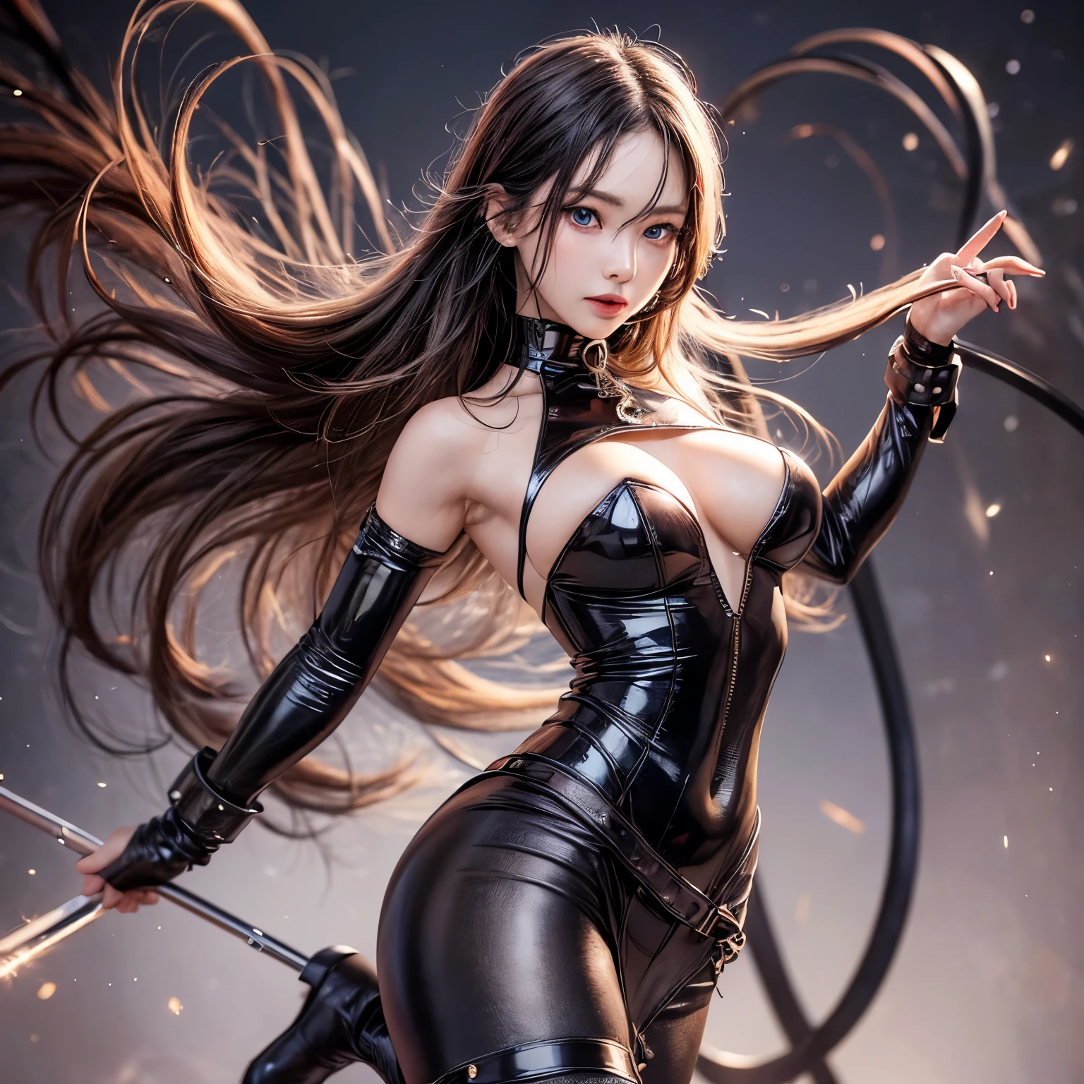 ((Raw photography,top-quality,hight resolution,Ray tracing,nffsw,Best Quality,Post-processing,portlate,3D,Eros Face_v1:0.7,),(( Shiny dark red leather bondage outfit,,Dark red BDSM,Bold figure,tight skirts,)))((((Long hair,Emphasize cleavage,Colossal tits:4.0,Thin leg,blue eyess,Detailed depiction of limbs,a small nose,Have a perfect body,Sleeveless,Full-body figure,high-heels,)))),((tthin eyebrows,long eyelashes,smil,二重まぶた,Vibrant eyes，Looking down on viewers,red lipsticks,)),Create beautiful light effects on the background,Light Particle Filter,(finerly detailed face:1.3),chies、cross one's legs,low angles,