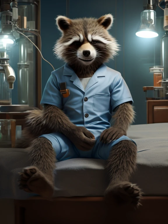 Sedated Rocket Racoon, lying on a bed in a laboratory with his legs spread, drugged with sedation from a drip, closed eyes, strapped to the bed by his wrists and ankles, a distinctly sleepy look on his face, resisting to sleep, detailed nice big paws with short claws, wears orange prison uniform, MCU vivid colour style, dark brown and gray and white fur, visible soles