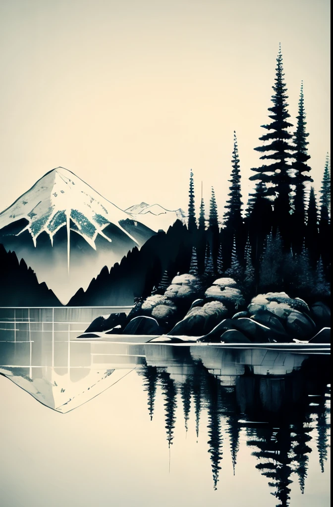 white background, scenery, ink, mountains, water, trees