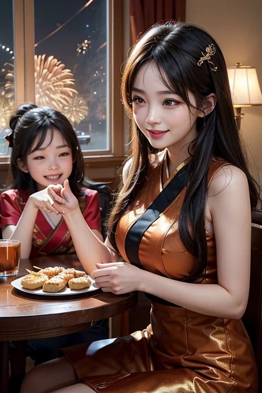 在这幅pic中,Have 2024 Happy new year. pic,The scene was full of Spring Festival atmosphere。6 people sitting around the dining table,A sumptuous New Year’s Eve dinner.奶奶The facial features are extremely beautiful祥和,affable,good facial features,Calm and peaceful,With a happy smile。。Mom is a generous and sexy goddess,The facial features are extremely beautiful,body shape is slim,爸爸good facial features举止优雅,Handsome and generous.儿调皮可爱good facial features他的脸上洋溢着幸福可爱的笑容.女孩要求俏皮可爱笑容good facial features, Photo Retrato Mild 8k, 。they talk to each other,Overflowing with laughter。This family is full of harmony,Let people feel the peace and happiness of home。
The fireworks outside the window are very dazzling,Blooming with colorful light。Fireworks draw beautiful arcs in the sky,Illuminated the entire night sky。Fireworks and firecrackers accompanied by cheers,As if celebrating the arrival of the New Year。Chasing the afterglow of fireworks,Their laughter seemed to echo throughout the room, The whole scene is full of festive atmosphere.,Everyone is immersed in a happy atmosphere。Families wish each other,Sending love and blessings to every Spring Festival reunion,Let people feel the strength and warmth of family in 2024。