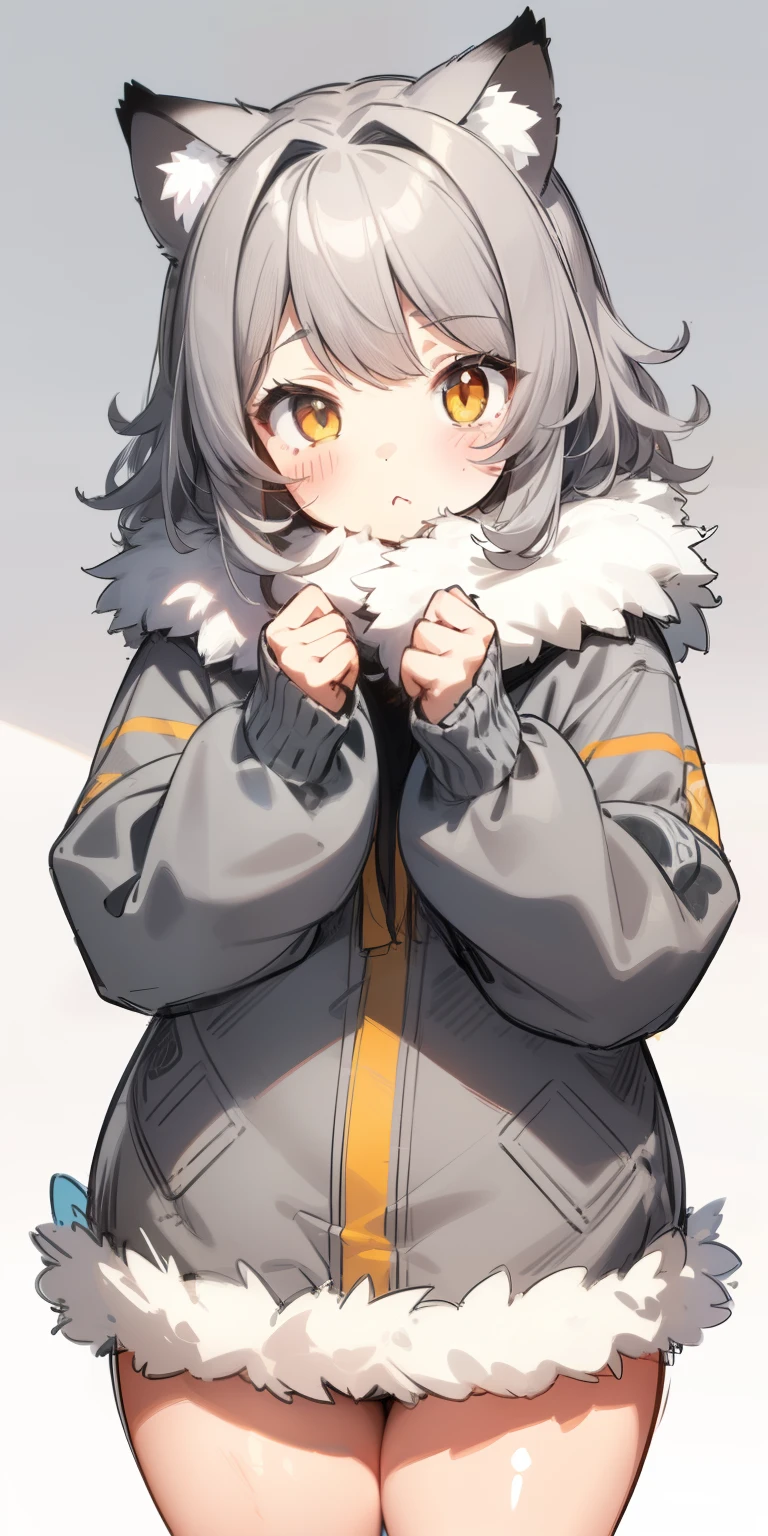 (sketch drawing), (old art style), (1girl), (blushing cheeks), (pallas's cat ears), (gray hair), (thick fluffy hair), (medium hair), (thick gray fur pallas's cat coat) , ((cold)), (long sleeves)