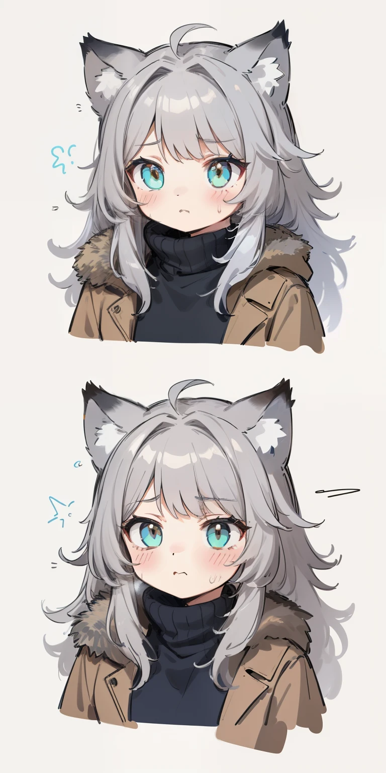 (sketch drawing), (old art style), (1girl), (blushing cheeks), (pallas's cat ears), (gray hair), (thick fluffy hair), (medium hair), (thick gray fur pallas's cat coat) , ((cold)), (long sleeves)