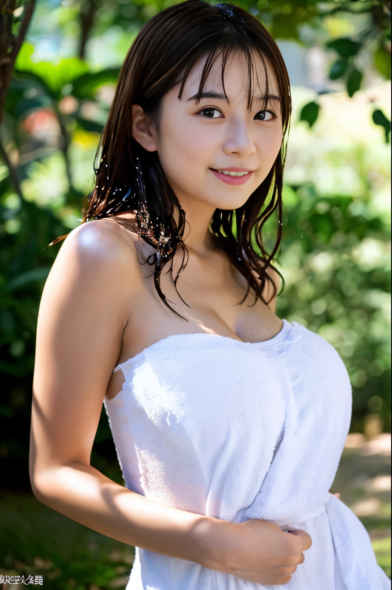 (Best Quality,masutepiece,ultra-detailliert,8K,Raw photo,Realistic,High resolution:1.2),(FULL BODYSHOT),(cute Japanese girls),(Huge breasts SuperHuge boobs:1.28),(light brown hair),((towel white tube dress:1.4)),(Super plump:1.2),(lightsmile),(outdoor bath:1.2) ,(Hair is wet:1.3),((outdoor bathは日本庭園と大きな岩に囲まれています))