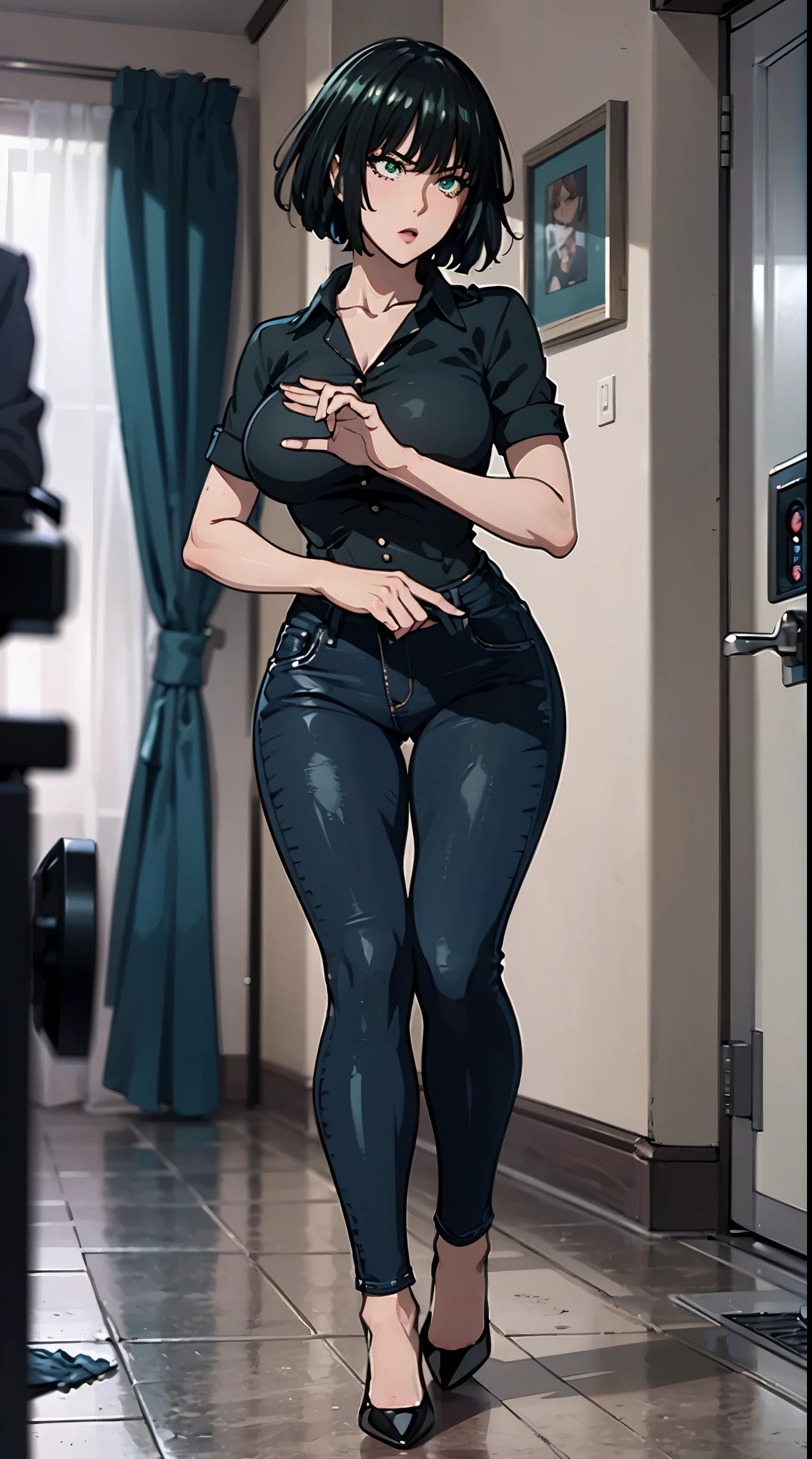 Fubuki from One Punch Man, masterpiece, best quality, 8K, UHD, ultra detailed, ultra detailed finger ,sexy pose, full body ,beatiful green eyes, beatiful hair, wearing black thight jeans , wearing a tight white short shirt, wearing high heels, sexy leg, sexy boobs