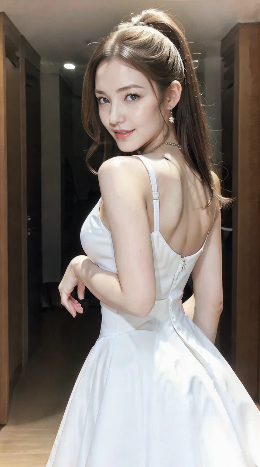 24 year old white female、Hair color is brunette、blue eyess、Longhaire、Straight hair、accessories on wrist、I'm wearing a choker、skin is smooth、a smile、Slender but muscular body、wearing fingerless gloves、wearing a mini princess dress、I'm wearing high heels、I'm pounding my chest、I have a clutch bag、a smile、studio shoot