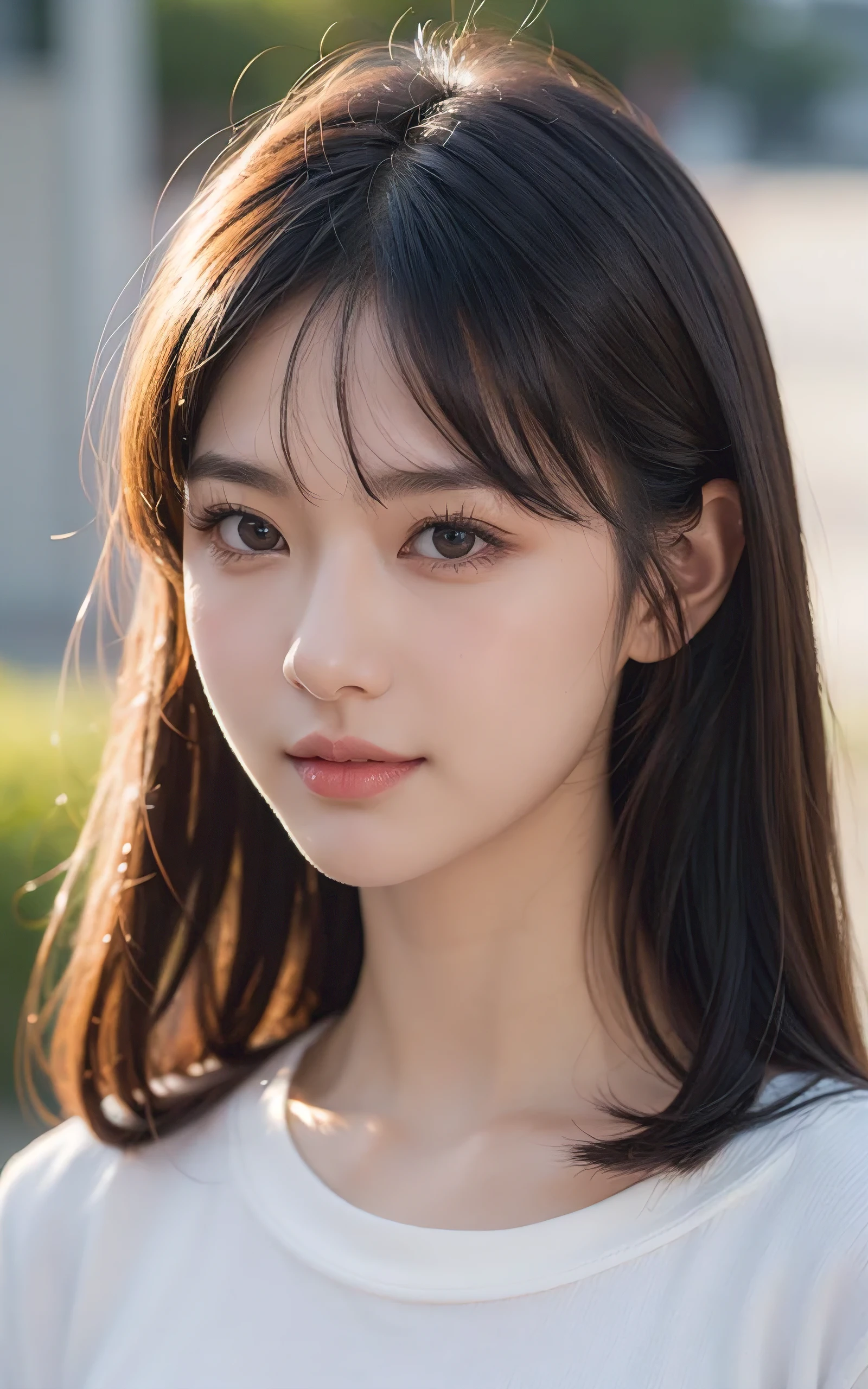 upperbody shot、front-facing view、a Japanese young pretty woman、Gentle face、hyper cute face、shiny lips、Double eyelids in both eyes、Natural makeup, Smile, long eyelashes are bright, Bob Hair Tweeny Smooth Light Brown Hair、Hair swaying in the wind, asymmetrical bangs、Headframe、image in center、8K、high detailing、detailed hairstyle、A detailed face、spectacular movie lighting、octane renderings、with a vibrant、Ultra-realistic、Perfect limbs、perfect anatomia
