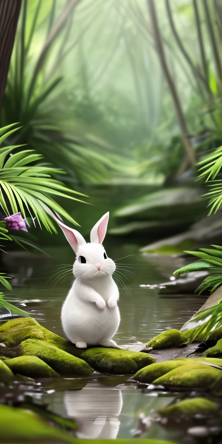 Cinematic, a little bunny exploring a mystical lake in the jungle, 4K, Anime style --auto --s2