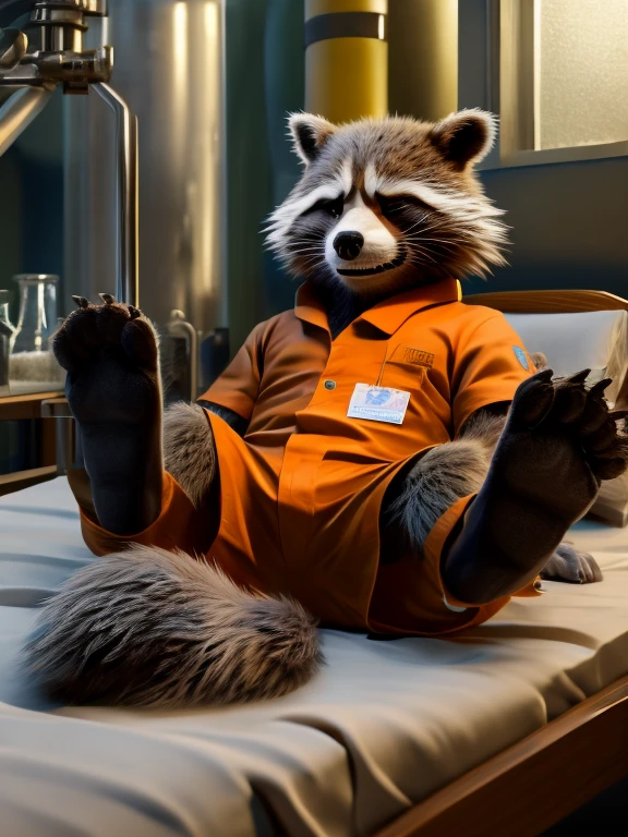 Sedated Rocket Racoon, lying on a bed in a laboratory with his legs spread, drugged with sedation from a drip, closed eyes, strapped to the bed by his wrists and ankles, a distinctly sleepy look on his face, resisting to sleep, detailed nice big paws with short claws, wears orange prison uniform, MCU vivid colour style, dark brown and gray and white fur, visible soles