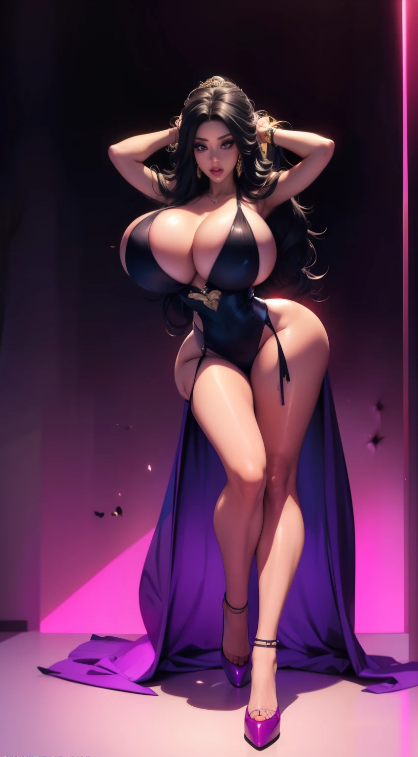 1girls, solo focus, masterpiece, best quality, highres, Full body Portrait, nicolette shea x Cardi B x kim Kardashian, trophy wife,wearing long beautiful gowns,their hair was long and perfectly black. Black hair with purple highlights. There must have pounds of it, so thick and shiny and with so many locks and curls, all wrapping down her back in an enormous sexy mane. It framed her face wonderfully, that face that was just pure, hot,wearing sexy dress,front view