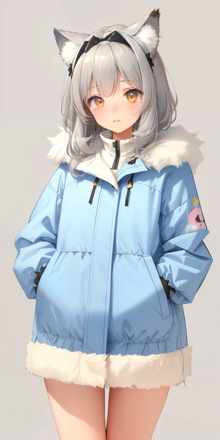 (sketch drawing), (old art style), (1girl), (blushing cheeks), (pallas's cat ears), (gray hair), (thick fluffy hair), (medium hair), (thick gray fur pallas's cat coat) , ((cold)), (long sleeves)