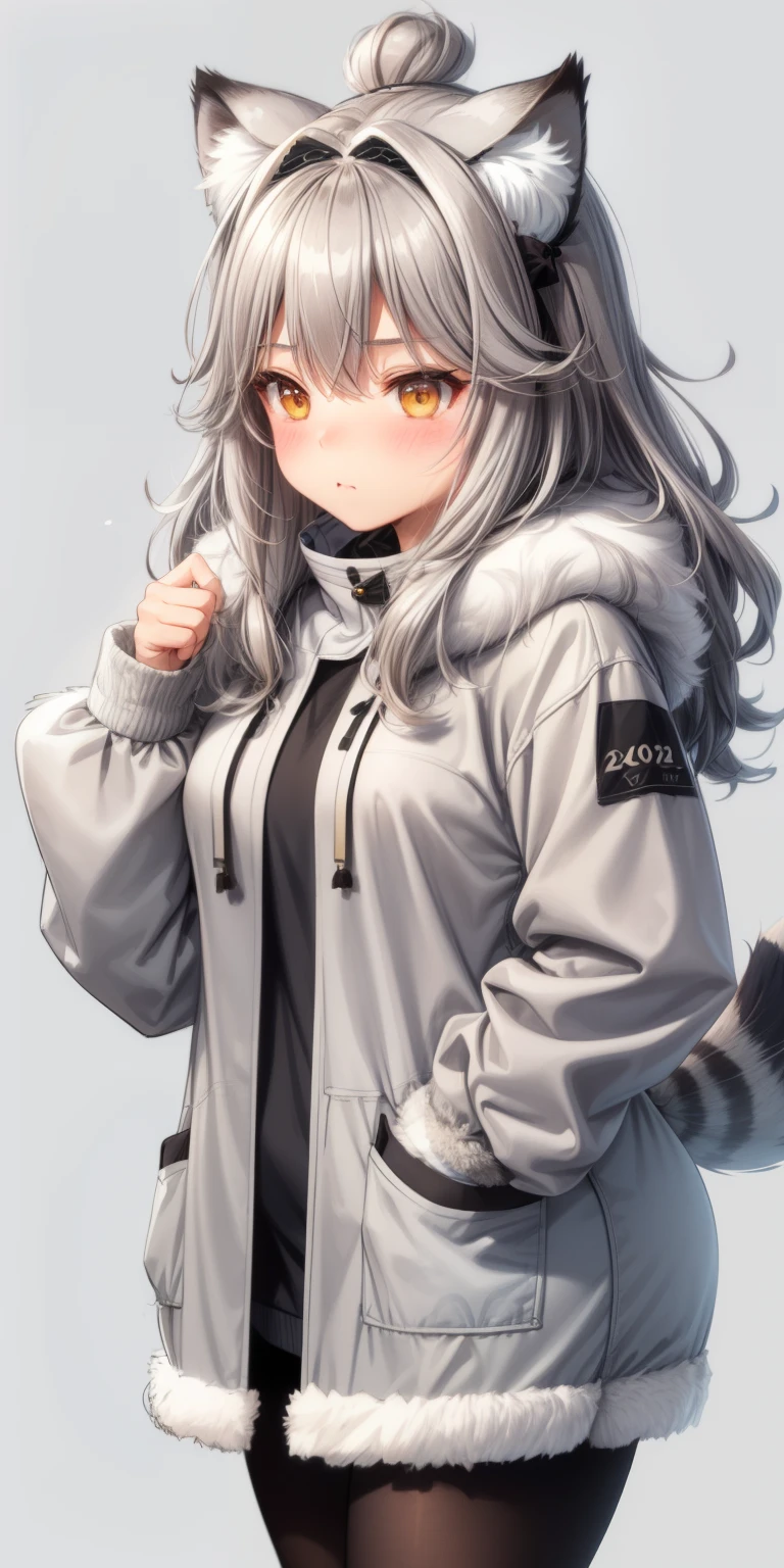 (sketch drawing), (old art style), (1girl), (blushing cheeks), (pallas's cat ears), (gray hair), (thick fluffy hair), (medium hair), (thick gray fur pallas's cat coat) , ((cold)), (long sleeves)