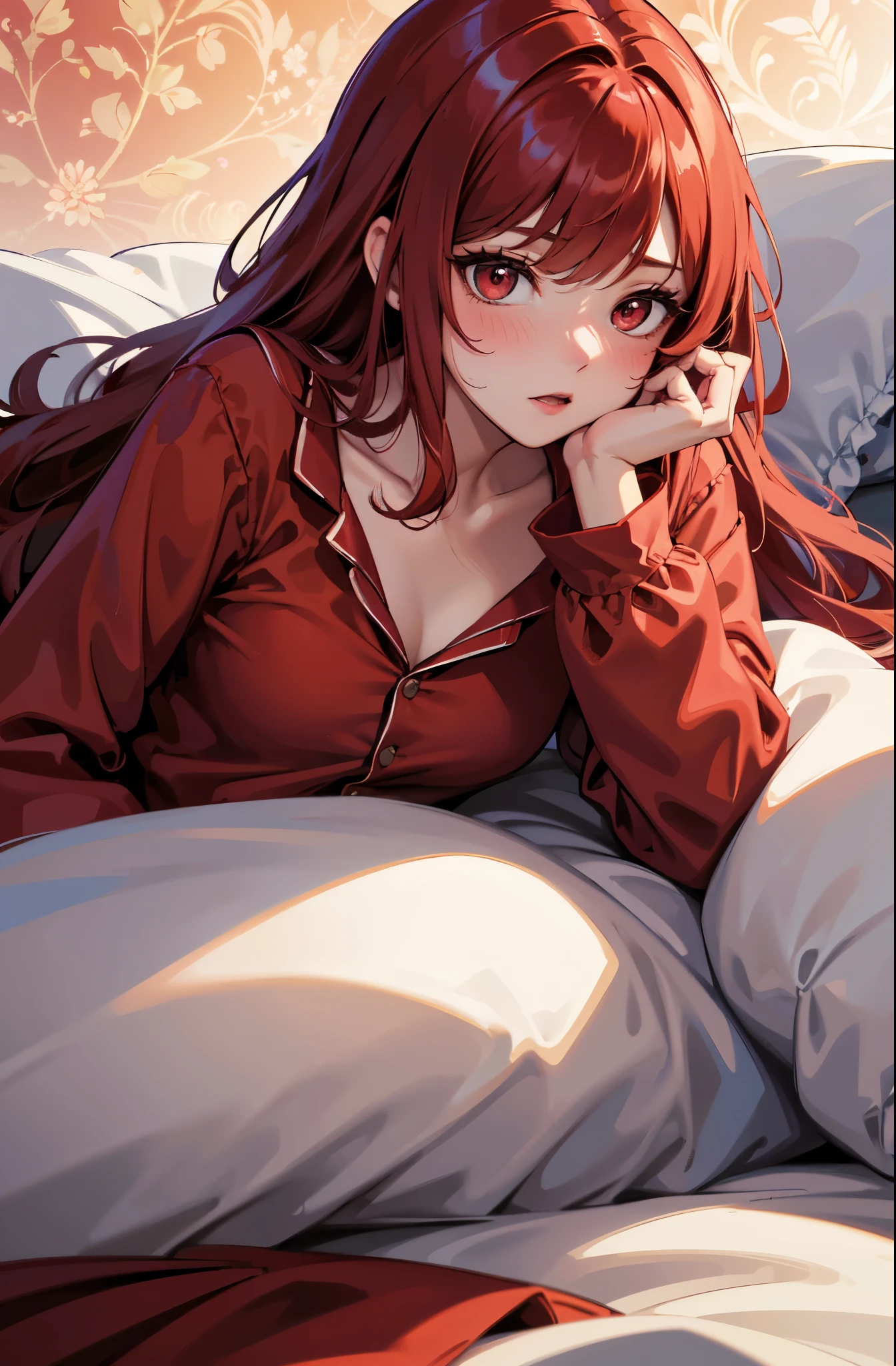 Masterpiece, Best Quality, highres, 1Girl，40 years old, Solo, red hair, long wavy hair, red Eyes, Upper body only, fantasy bed background, Fantasy pajama Clothing, red clothes, lying on bed, , face blush