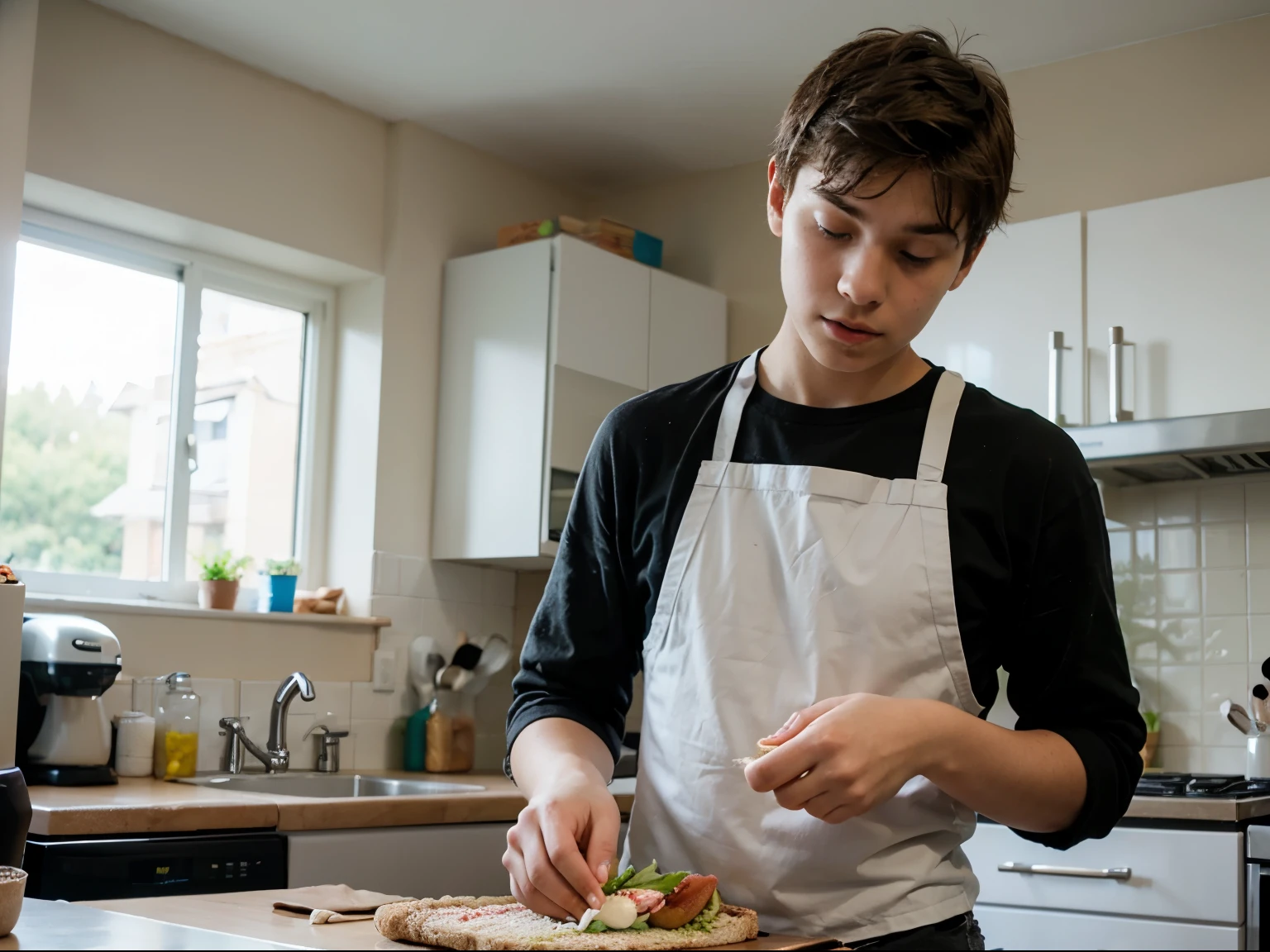 Young Teenager Boy making a Sandwich in the Kitchen