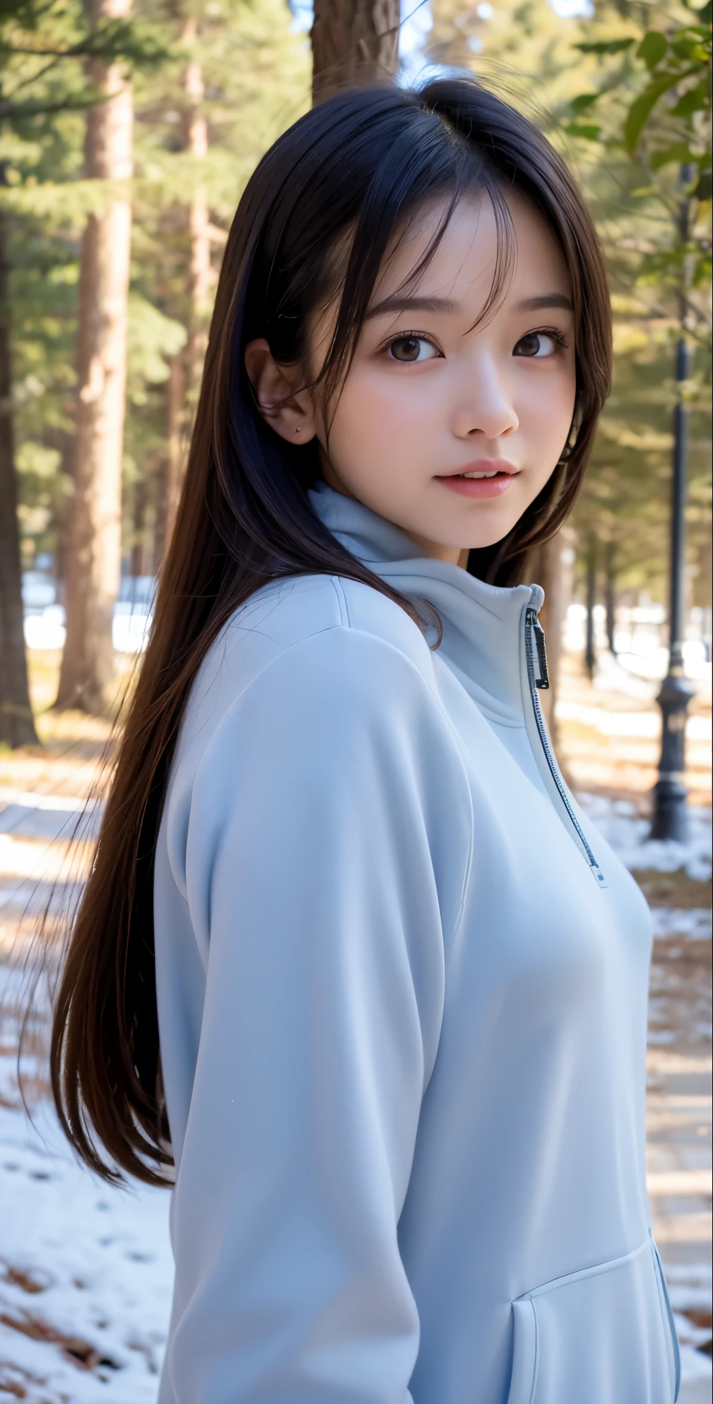 sportrait, high qulity, Ukrainian little girl fairy winter snow in woods through the trees About 10 years old, eBlue eyes, Smooth skin, ((Best quality at best, 8K, tmasterpiece :1.3)), 1 girl, Beautiful girl , leisure wear :1.2, in woods, Super detailed face, 詳細な目, 二重まぶた
