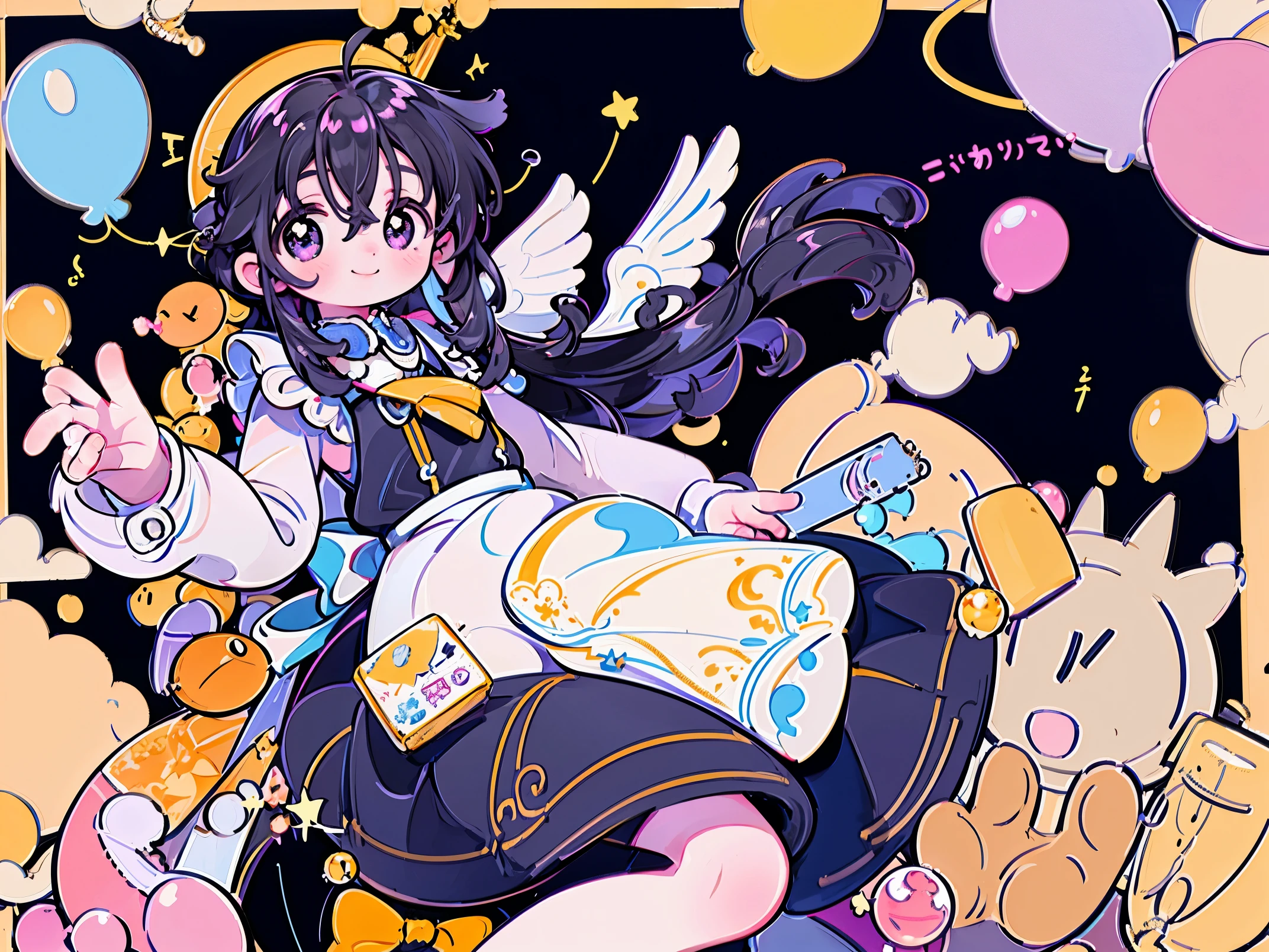 masterpiece, best quality, 1girl, balloon, black hair, hair between eyes, long hair, ahoge, (messy hair:0.7), sideburns, tareme, purple eyes, holding,  dress, looking at viewer, holding balloon, wings, bangs, long sleeves,  apron, smile,