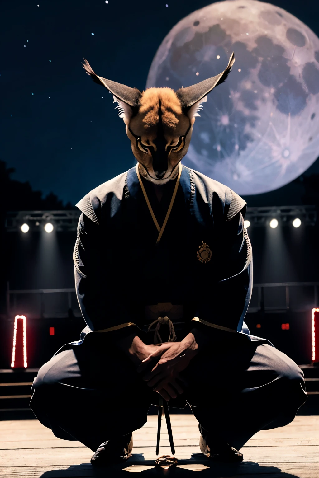 Caracal con una vestimenta de samurai, He is alone on a stage with the blue moon while he is with his head bowed thinking