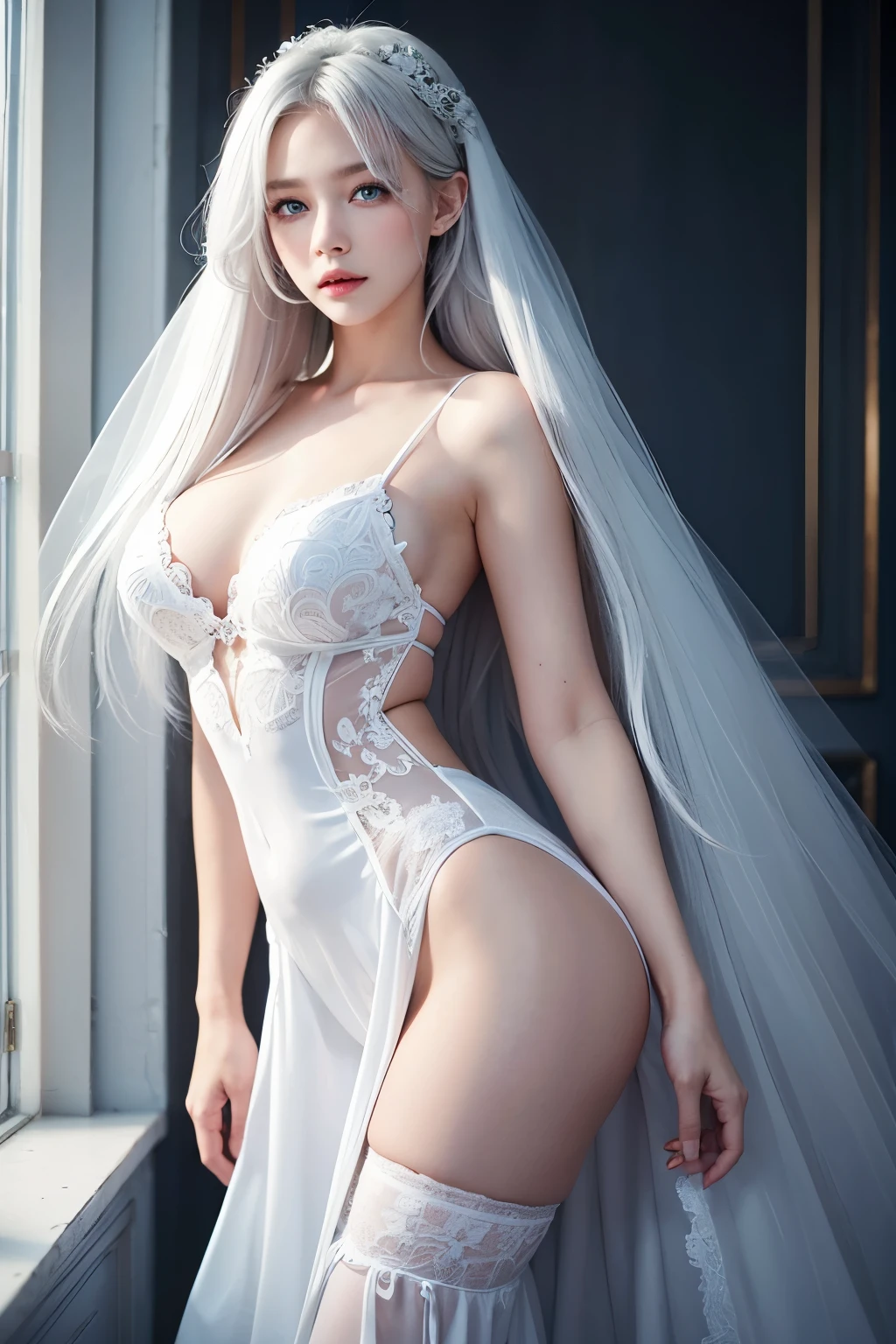 photorealistic, high resolution, soft lights, 1women, Charming Russian model Nata Lee, solo, hips up, (blue eyes, long hair, white hair), wedding dress, bridal dress