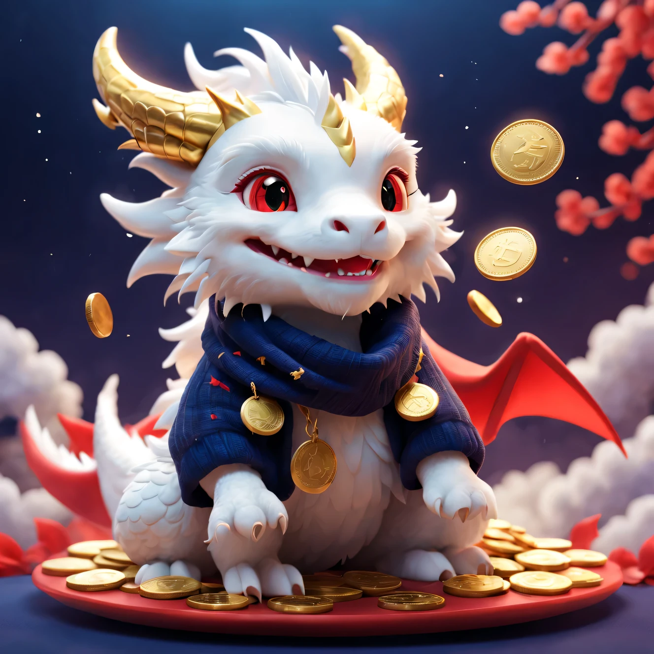 （Close up of cute furry smiling little white zodiac dragon giving gold coins），Plush toy design，（Gold coins flying），Babiko，Gorgeous stylish winter fashion sweaters and scarves，Ethereal，Dark navy blue and fiery red background, 2024 new year elements, , Cute 3d rendering, Cute and detailed digital art, slight feeling, stylized 3d render, 8K， 3D character art rendering, lovely digital painting, Anime style 3D, Ultra-detailed rendering, hyper HD, tmasterpiece, Acura, ctextured skin, super detailing, high detal, high high quality, Award-Awarded, Best quality at best, A high resolution, 16k,