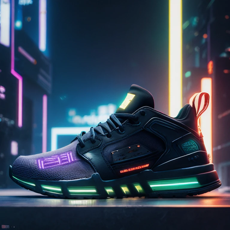 Cyberpunk sneakers product photos, Epic Rendering, octane, Atmosphere, Particle, soft volume light on:1.3), (Cinematic:1.3), Intricate details, (art stations:1.3)
