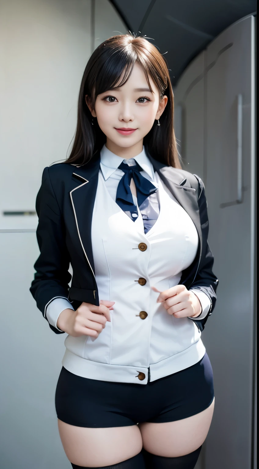 masutepiece, Best Quality, Photorealsitic, finely detail, hight resolution, 8K Wallpapers, 綺麗なA detailed eye, Medium Hair, big breast bulge 1.3)、A smile, Beauty、japanes、Staring at the person taking the photo、((accurate hands without incongruity))、(curby:1.2)、A detailed eye、Fine skin、 (cute little:1.2)、鎖骨、 ((JPOP Idol、Cameltoe))、Realistic face、stature:162cm、Weight:48kg、Bust:90cm、waistline:58cm、Buttocks:88cm、 g-cup、((Stewardess Jacket Uniform:1.2))、(Nasty underwear)、(Colossal tits)、thighs thighs thighs thighs、Perfect fit、Perfect image realism、(black backgrounds)、Cowboy Shot、细致背景、detailed costume、Hyper-Realism、(Photorealsitic:1.4)、8K最hight resolution、(masterpiece)、Professional