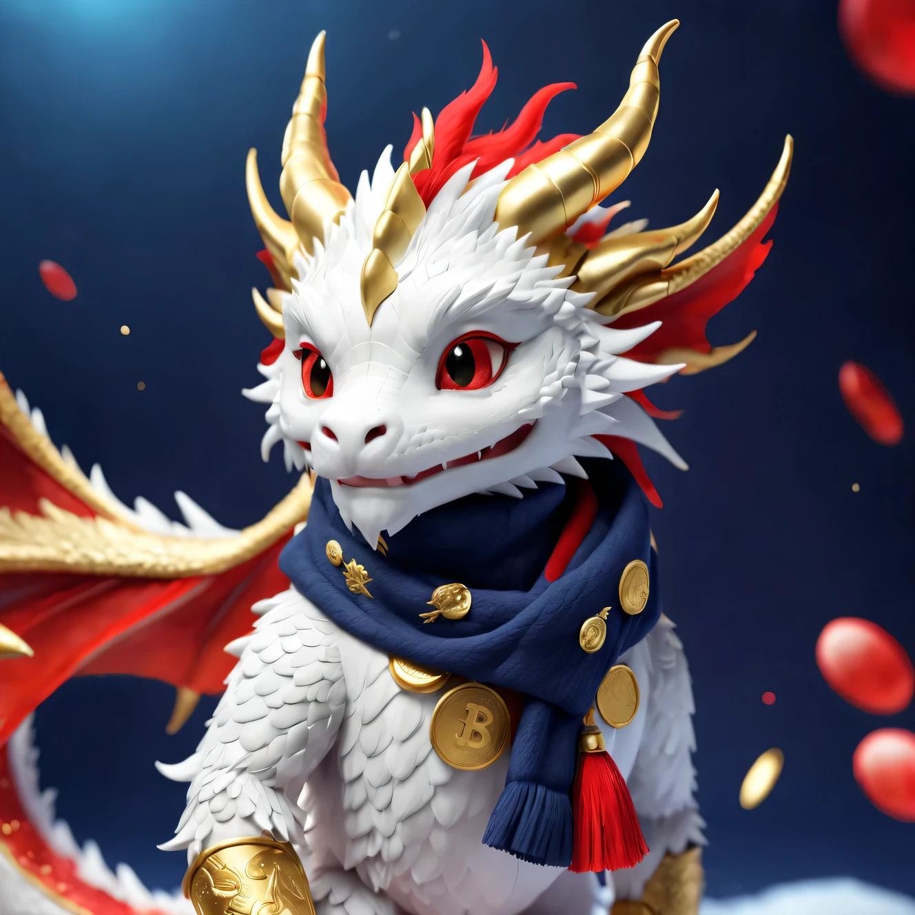 (Ethereal cute fluffy smiling white zodiac dragon giving gold coins closeup),Plush toy design,(Gold coins flying),Babiko,Gorgeous stylish winter fashion sweaters and scarves,,Dark navy blue and fiery red background, 2024 new year elements, , Cute 3d rendering, Cute and detailed digital art, slight feeling, stylized 3d render, 8K, 3D character art rendering, lovely digital painting, Anime style 3D, Ultra-detailed rendering, hyper HD, tmasterpiece, Acura, ctextured skin, super detailing, high detal, high high quality, Award-Awarded, Best quality, A high resolution, 16k,