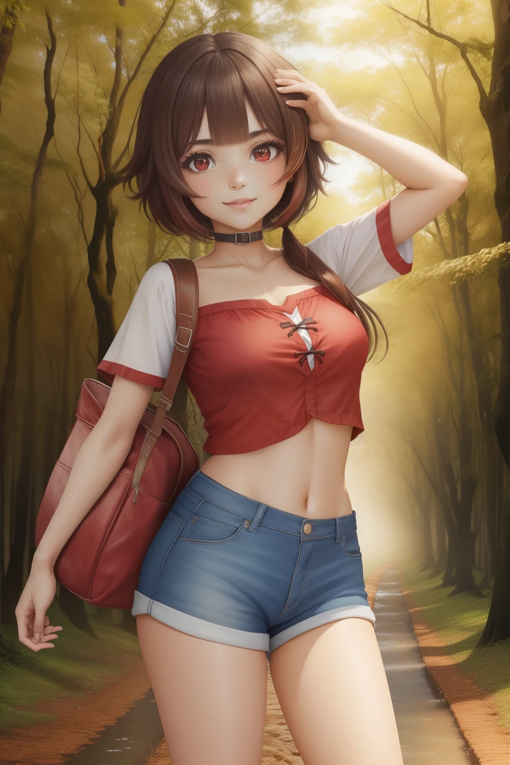 (obra-prima), (melhor qualidade), (ultra-detalhado), (corpo inteiro: 1.2), 1girl (Megumin), chibi, bonito, red eyes, sorriso de boca aberta, shorts cargo, regata branca, cabelos cu, cabelos castanhos,, mochila, mochila, andar por uma floresta, rio fluindo para o lado, (belo rosto detalhado), (belos olhos detalhados),