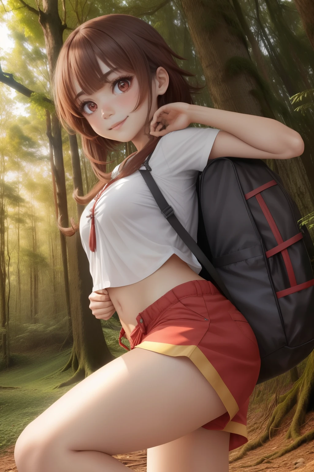 (obra-prima), (melhor qualidade), (ultra-detalhado), (corpo inteiro: 1.2), 1girl (Megumin), chibi, bonito, red eyes, sorriso de boca aberta, shorts cargo, regata branca, cabelos cu, cabelos castanhos,, mochila, mochila, andar por uma floresta, rio fluindo para o lado, (belo rosto detalhado), (belos olhos detalhados),