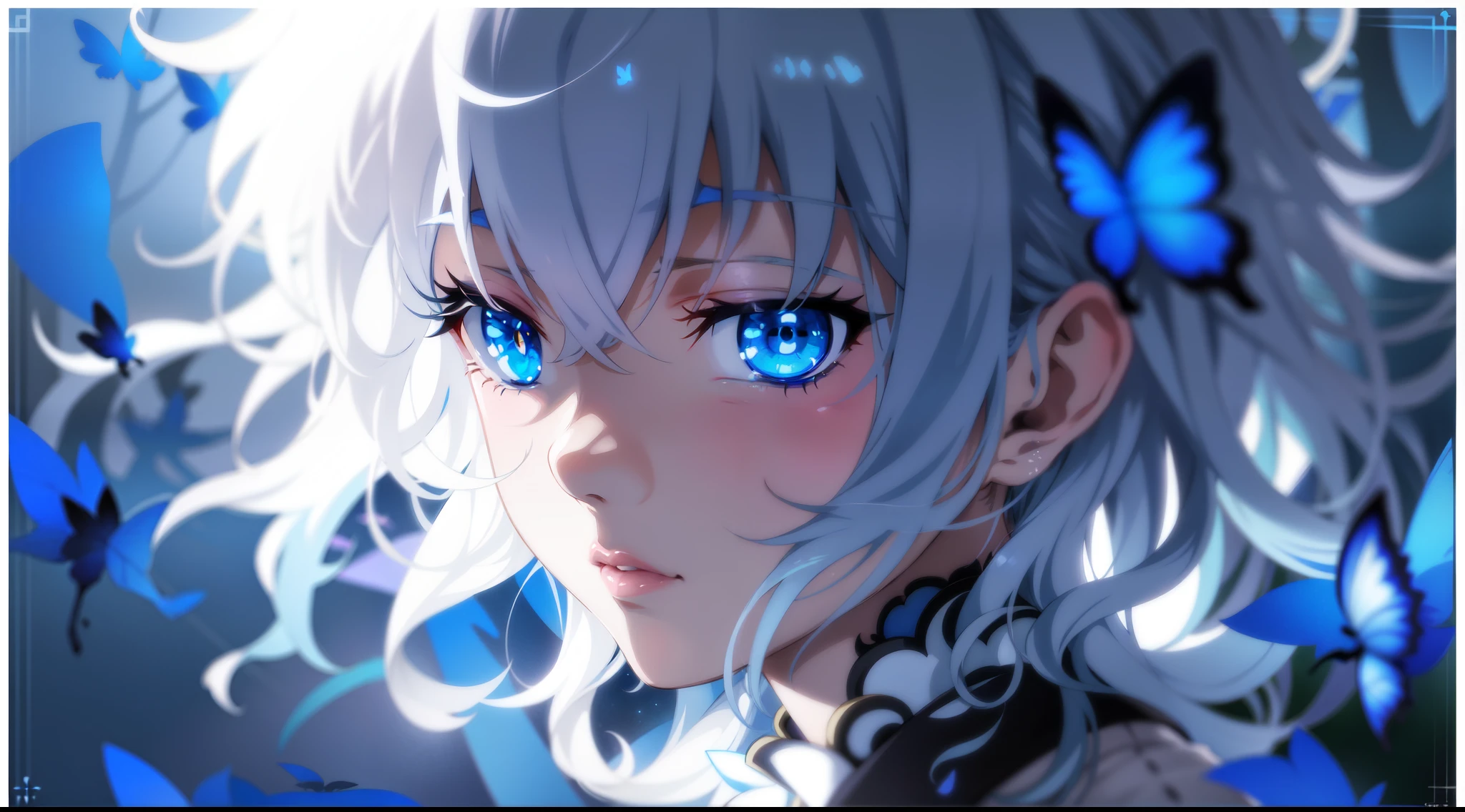 Blue eyes butterfly hair anime girl, nightcore, blue shining eyes, guweiz, skyblue eyes, glow blue eyes, a blue luminous eyes, beautiful a blue luminous eyes, sad cerulean eyes, Beuatiful anime, animeaesthetic, wallpaper anime blue water, ”Beuatiful anime woman, avatar images, Guweiz style artwork