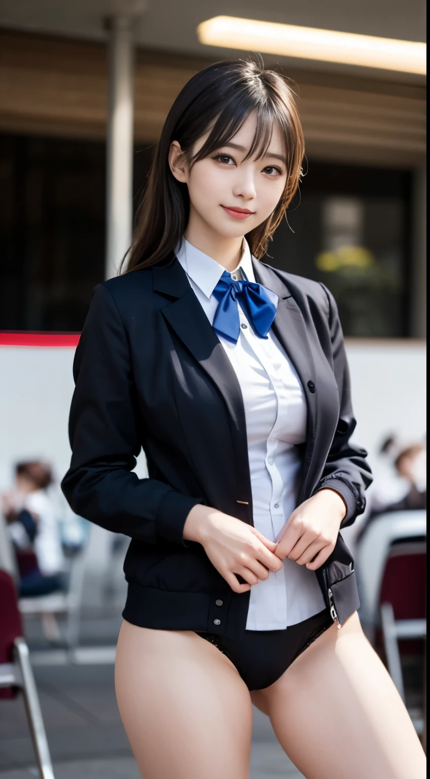 masutepiece, Best Quality, Photorealsitic, finely detail, hight resolution, 8K Wallpapers, 綺麗なA detailed eye, Medium Hair, big breast bulge 1.3)、A smile,  Beauty、japanes、Staring at the person taking the photo、((accurate hands without incongruity))、(curby:1.2)、A detailed eye、Fine skin、 (cute little:1.2)、鎖骨、 ((JPOP Idol、Cameltoe))、Realistic face、stature:162cm、Weight:48kg、Bust:90cm、waistline:58cm、Buttocks:88cm、 g-cup、((Stewardess Jacket Uniform:1.2))、(Nasty underwear)、(Colossal tits)、thighs thighs thighs thighs、Perfect fit、Perfect image realism、(black backgrounds)、Cowboy Shot、细致背景、detailed costume、Hyper-Realism、(Photorealsitic:1.4)、8K最hight resolution、(​masterpiece)、Professional