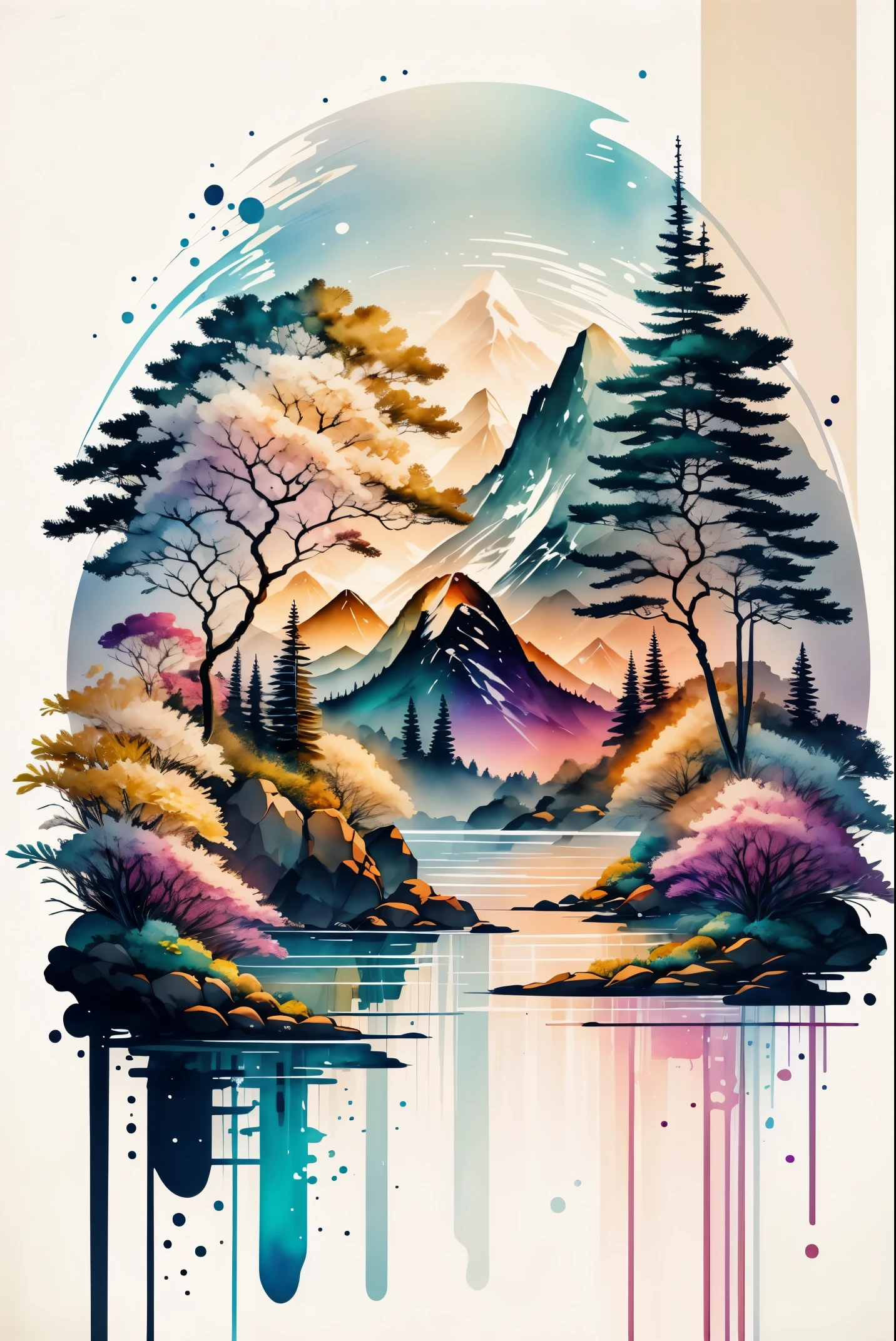 white background, scenery, watercolor, mountains, water, trees, colorful,