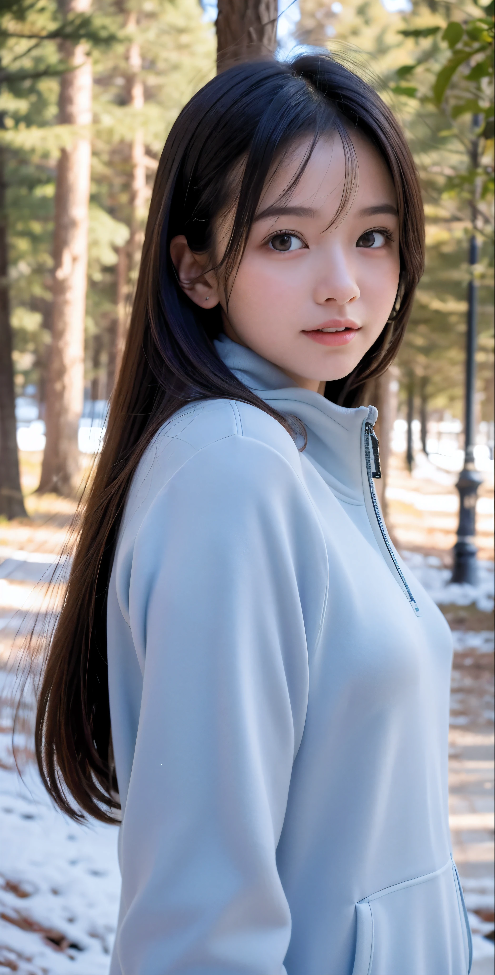 sporty attire, high high quality, Ukrainian little girl fairy winter snow in woods through the trees About 10 years old, eBlue eyes, Smooth skin, ((Best quality, 8K, tmasterpiece :1.3)), 1 girl, beuaty girl , leisure wear :1.2, in woods, Very rich facial details, 詳細な目, 二重まぶた