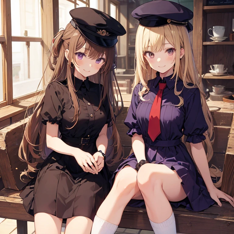 two anime girls with long hair and dresses sittining in front of a tea loom, multiple girls, 2girls, hat, mob cap, blonde hair, necktie, dress, purple eyes, skirt, shirt, brown hair, smile, purple dress, brown eyes, looking at viewer, short sleeves,over knee socks