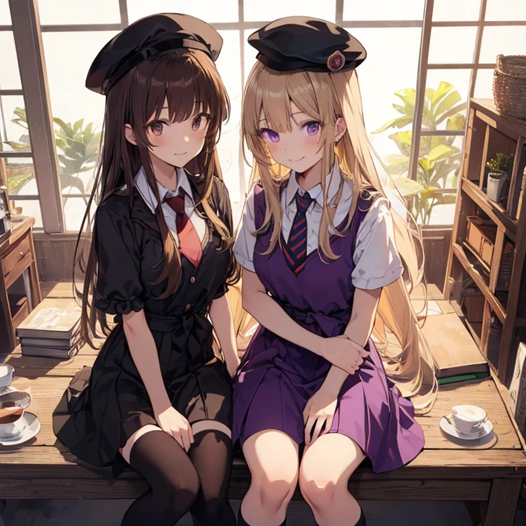two anime girls with long hair and dresses sittining in front of a tea loom, multiple girls, 2girls, hat, mob cap, blonde hair, necktie, dress, purple eyes, skirt, shirt, brown hair, smile, purple dress, brown eyes, looking at viewer, short sleeves,over knee socks