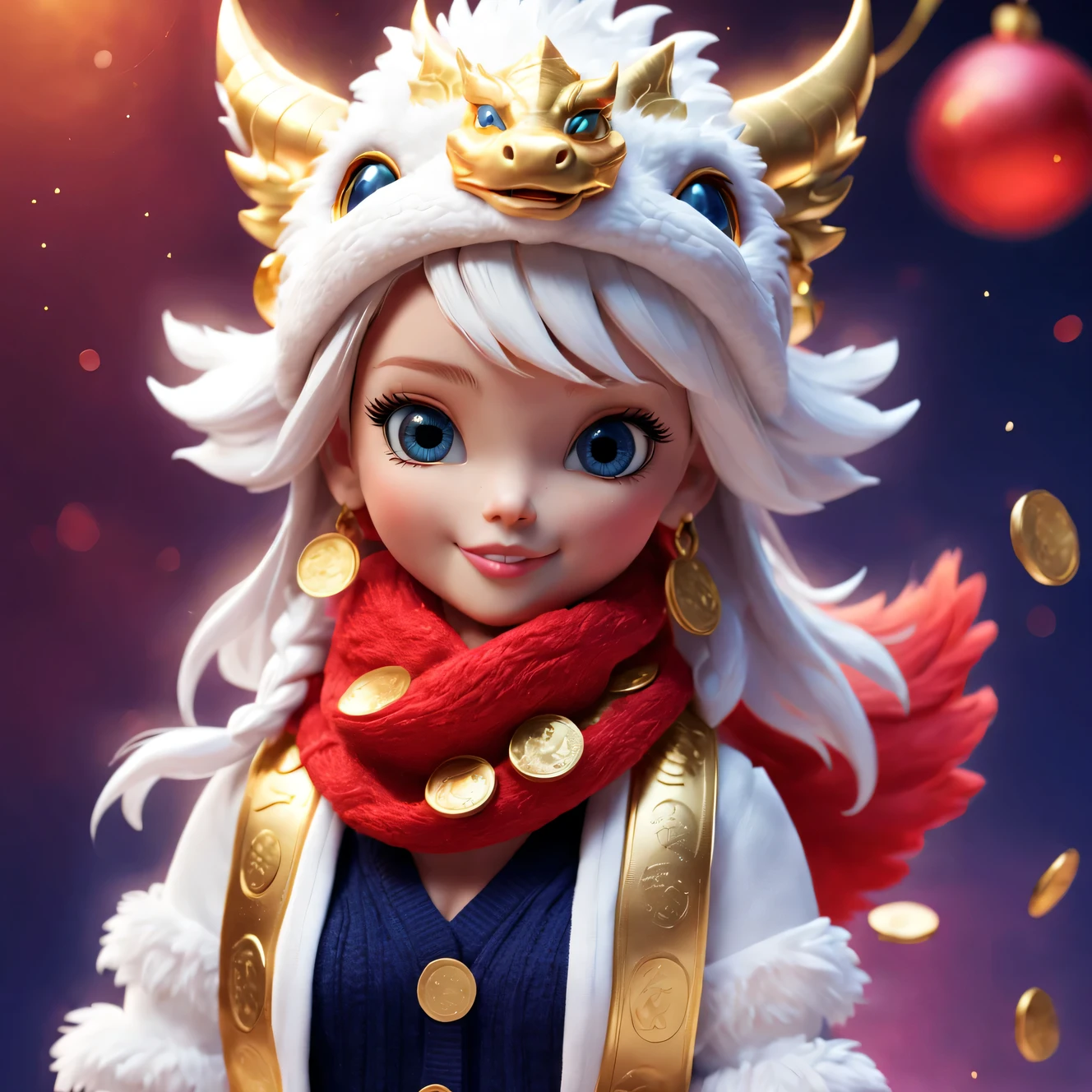 Plush toy design，（Close up of cute furry smiling little white zodiac dragon wearing hat throwing gold coins），（Close one eye）（Gold coins flying），looks like barbie doll，Gorgeous stylish winter fashion sweaters and scarves，Ethereal，Dark navy blue and fiery red background, 2024 new year elements, , Cute 3d rendering, Cute and detailed digital art, slight feeling, stylized 3d render, 8K， 3D character art rendering, lovely digital painting, Anime style 3D, Ultra-detailed rendering, hyper HD, tmasterpiece, Acura, ctextured skin, super detailing, high detal, high high quality, Award-Awarded, Best quality, A high resolution, 16k,