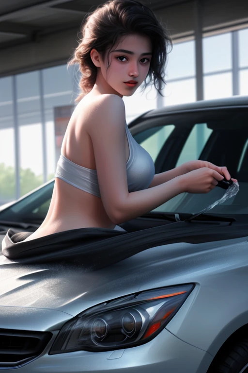An 18 year old student washes a car in the summer, very seductive and erotic, dynamic light, photorealistic, high resolution, beautiful, very detailed