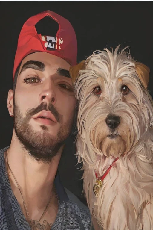 There is a man and a dog who are posing for a photo, with his hyperactive little dog, Cantor Maluma, com uma barba pequena, rosto bonito e rosto bonito, with dogs, Borja, Zayn Malik, homem bonito, Charli Bowater e Artgeem, Directed by: Giorgio Cavallon, Liam Brazier e Nielly, caio santos