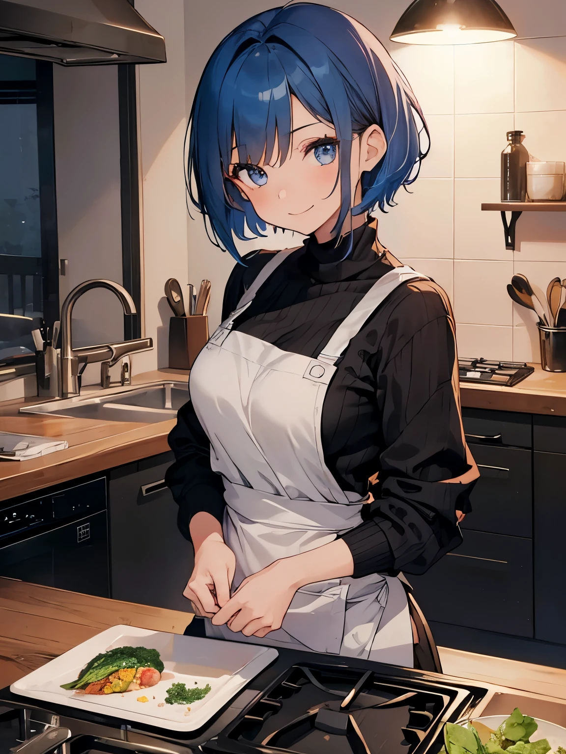 ((1girl in)), girl cooking in the kitchen at night、20 o'clock,Short bob hair, (Blue-haired:1.2)、Tight black sweater、Black tight mini skirt、knee high socks、Apron、A smile、Medium chest、Beautiful breasts、thin-waist、small ass、skinny thigh
