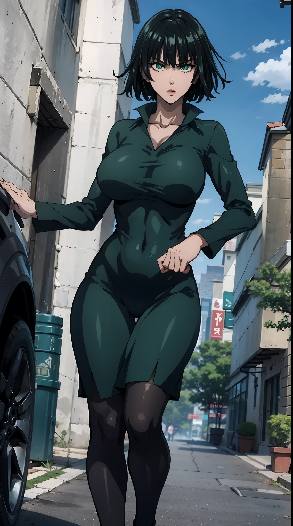 Fubuki from One Punch Man, masterpiece, best quality, 8K, UHD, ultra detailed, ,sexy pose, full body ,beatiful green eyes, beatiful hair