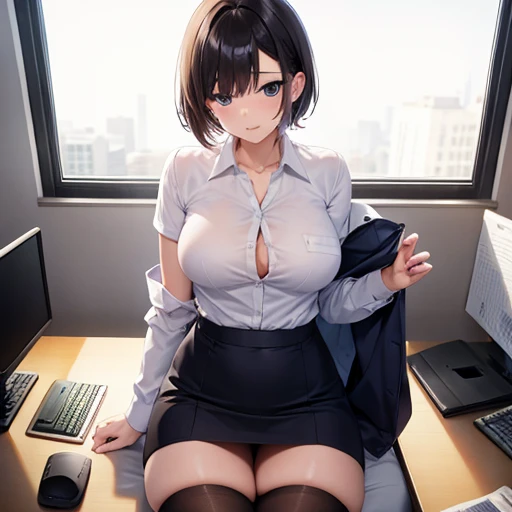 score_9,score_8_up,score_7_up,masterpiece,best quality, source anime, realistic, super detailed, extreme detailed, rating_safe,
1girl, sitting on desk, (cross legs), from below, (legs focus), looking down viewer,
BREAK girl, 22yo, short hair, bob cut, (blunt bangs), black hair, (tareme, detailed cute brown eyes), curled eyelashes, (large breasts:0.9), 
shiny hair, beautiful detailed eyes, beautiful face,
white collared shirt, black tight mini skirt, 
embarrassed, blush, seductive smile, 
office, desk, file, monitor,