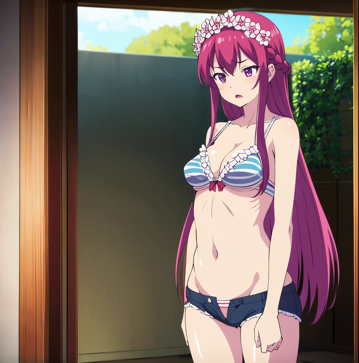 1girl,alone, ouka makuzawa, long hair, open mouth, large breasts, hair ornament, navel, cleavage, hair between eyes, medium breasts, very long hair, underwear, standing, purple eyes, collarbone, swimsuit, purple hair, braid, flower, bikini, cowboy shot, frills, shorts, striped, shiny, pants, indoors, hair flower, bra, shiny hair, denim, red flower, bikini top only, striped bikini, head wreath, striped bra, good hands, good anatomy