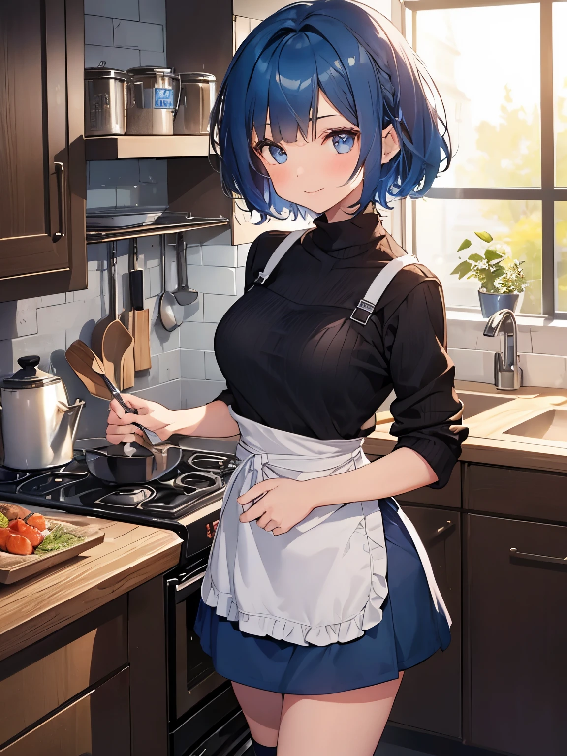 ((1girl in)), girl cooking in the kitchen at night、20 o'clock,Short bob hair, (Blue-haired:1.2)、Tight black sweater、Black tight mini skirt、knee high socks、Apron、A smile、Medium chest、Beautiful breasts、thin-waist、small ass、skinny thigh