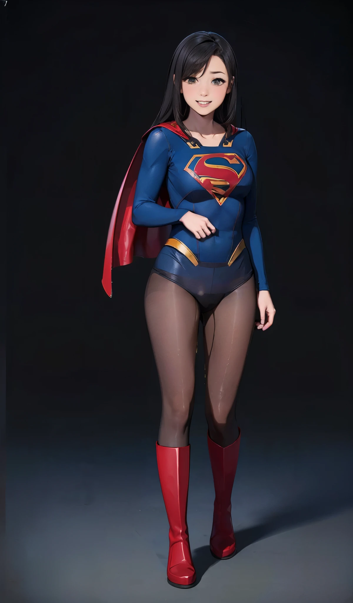 No background、Fitted Supergirl costume、Body Fit Costumes、and draw the full body、(((Wear black tights on your beautiful legs.)))、(((Grow legs、tall、Legally express the beauty of your smile)))、((((Make the most of the original image)))、(((Supergirl Costume)))、(((beautiful hairl)))、(((Suffering)))、(((Feet must necessarily be worn with black tights)))、(((You need to wear red boots)))、((Top image quality、8K))、((top-quality、8K、​masterpiece:1.3))、(((Keep Background )))、Crisp focus:1.2、Beautiful woman with perfect body shape:1.4、Slender Abs:1.2、a wet body:1.5、Highly detailed facial and skin texture、8K