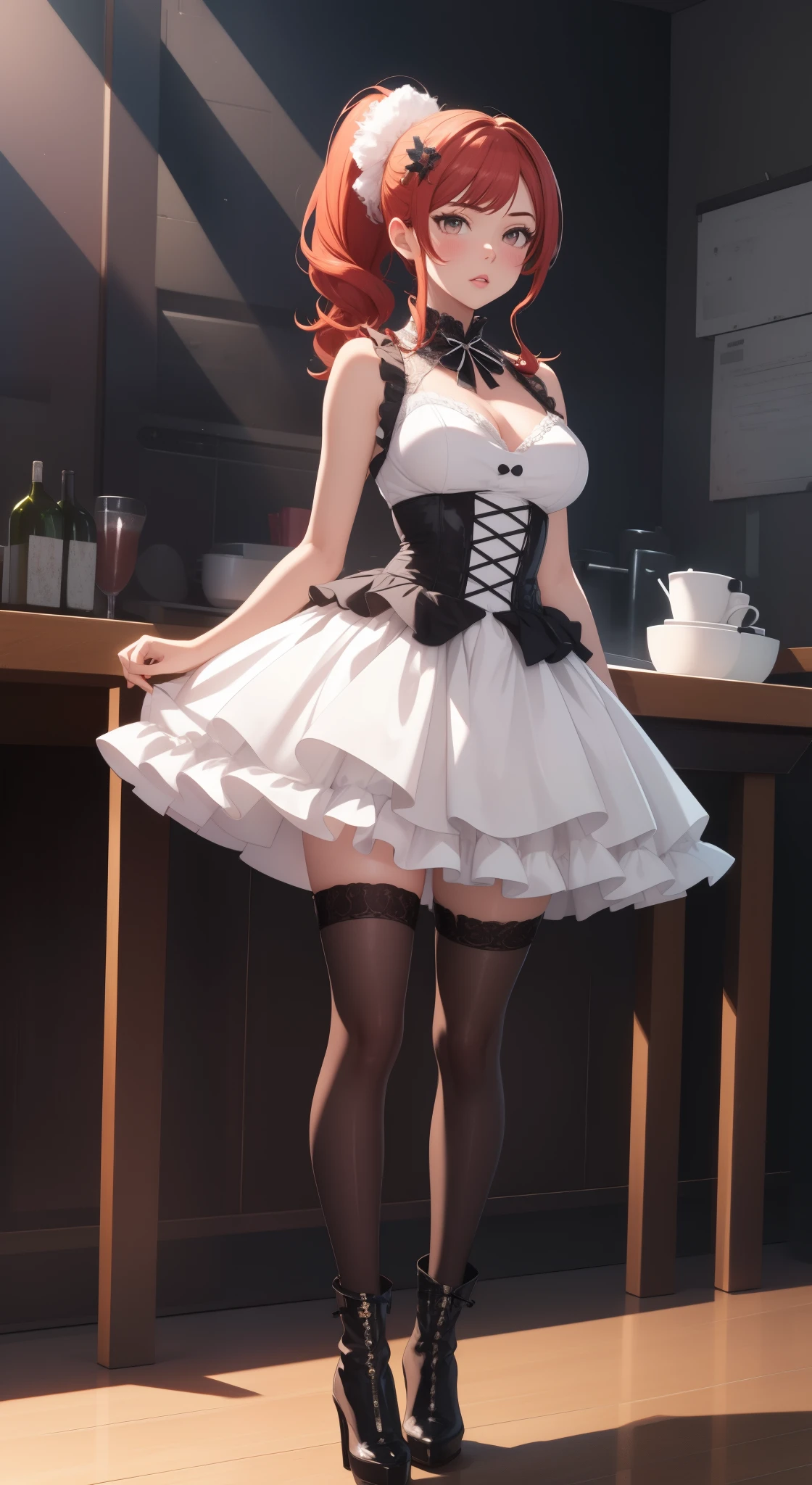 natural lighting, masterpiece, highly detailed, illustration, game CG, absurdres, high quality, medium breasts, 1girl, solo, redhead, hair ornament, ponytail, glossy lips, sleeveless idol dress, very puffy skirt, flared skirt, thigh highs, heeled boots, full body