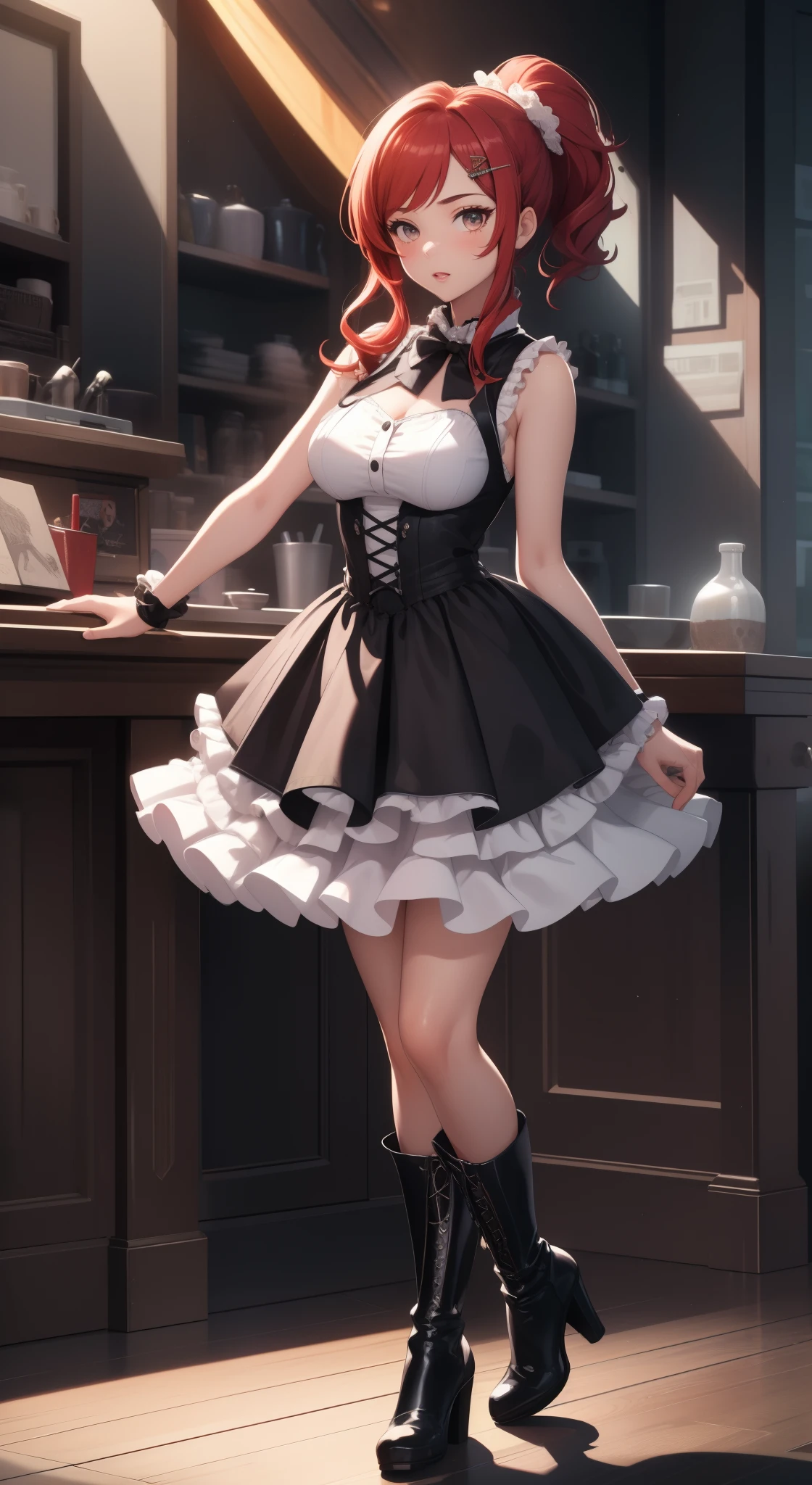 natural lighting, masterpiece, highly detailed, illustration, game CG, absurdres, high quality, medium breasts, 1girl, solo, redhead, hair ornament, ponytail, glossy lips, sleeveless idol dress, very puffy skirt, flared skirt, thigh highs, heeled boots, full body